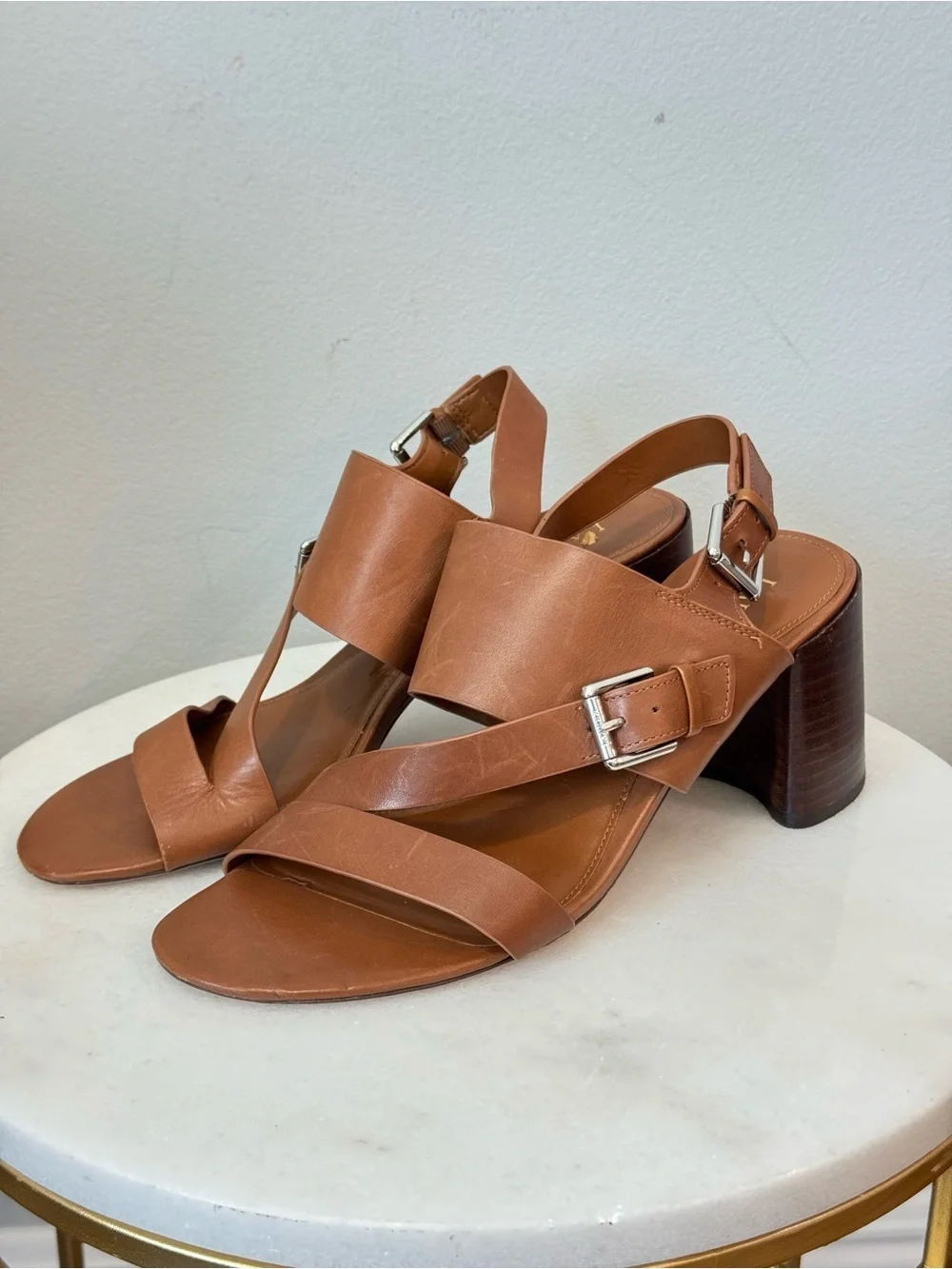 Ralph Lauren Tan Leather Block Heel Sandals